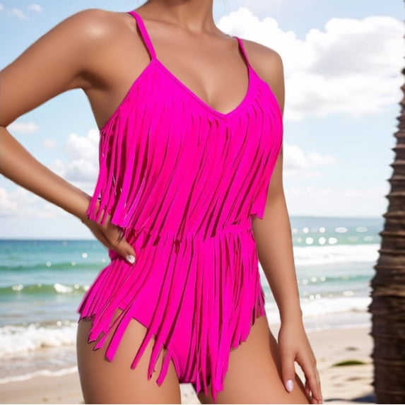 Xdegoge One Piece Swimsuits for Women V Neck Spaghetti Straps High Cut Bottom Monokini Bathing Suits Smooth Fringe Tassel Details Flattering Pool Party