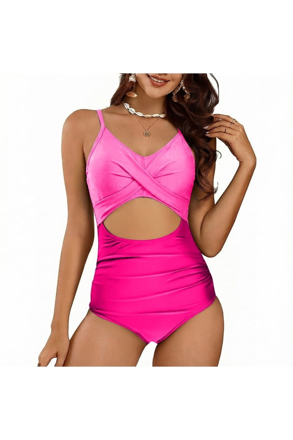 One Piece Swimsuits for Women V Neck Wrap Monokini Bathing Suits Smooth Color Block Front Cut out Detail Ruched Tummy Control Slimming Pool Party
