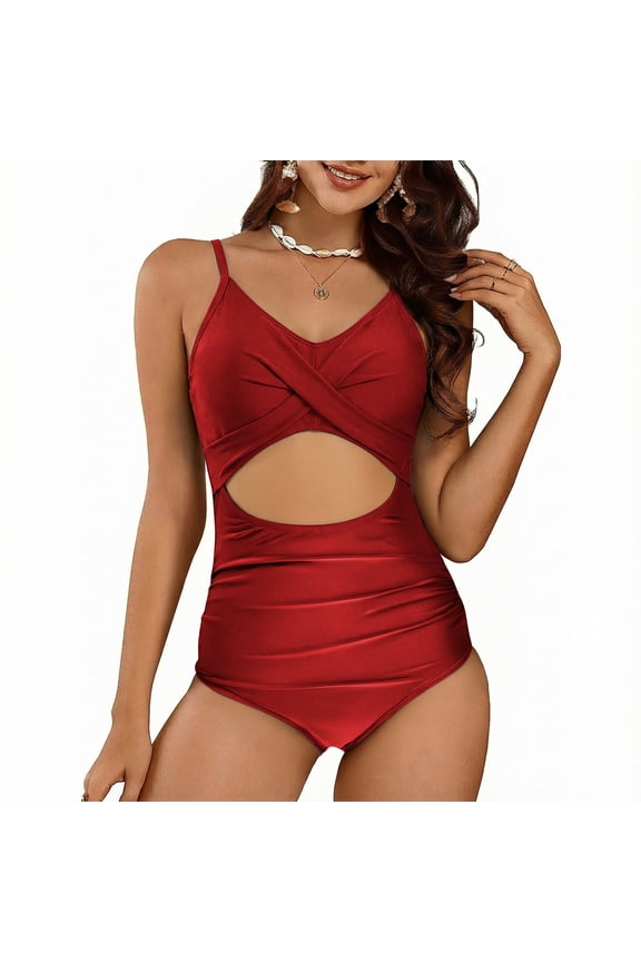 One Piece Swimsuits for Women V Neck Wrap Monokini Bathing Suits Smooth Solid Front Cut out Detail Ruched Tummy Control Flattering Summer Beach