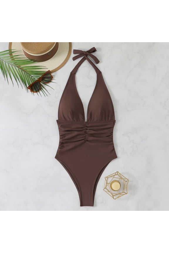One Piece Swimsuits for Women Halter Plunge V Neck Ruched Front Tummy Control High Cut Modest Bathing Suits Beachwear Summer Pool Vacation