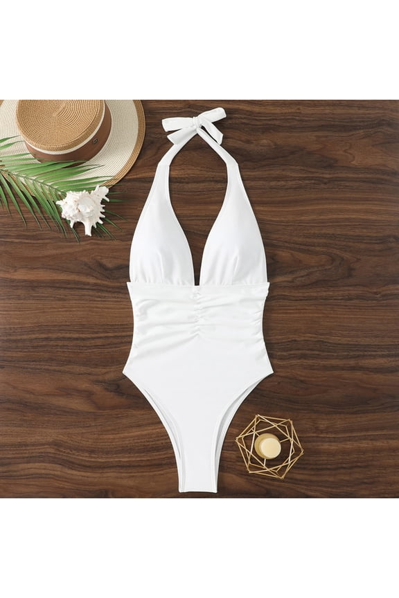 One Piece Swimsuits for Women Halter Plunge V Neck Ruched Front Tummy Control High Cut Modest Bathing Suits Beachwear Summer Pool Vacation