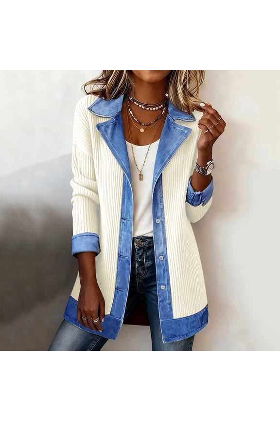 Open Front Cardigan Jacket for Women Long Sleeve Ribbed Knit Top Denim Trim Button Down Casual Loose Fit Lightweight Transitional Fall Layering Piece Shacket