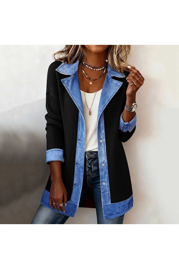 Open Front Cardigan Jacket for Women Long Sleeve Ribbed Knit Top Denim Trim Button Down Casual Loose Fit Lightweight Transitional Fall Layering Piece Shacket