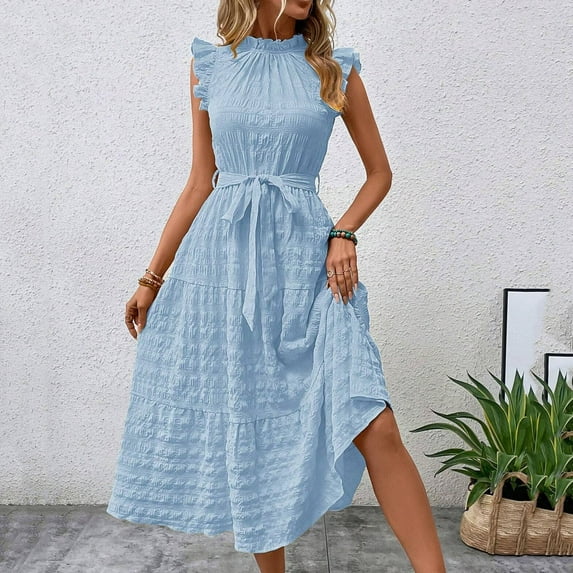 Xdegoge Order History Online Sun Dresses for Women 2025 Vacation Halter Ruffle Tiered Flowy Maxi Dresses Beach Wedding Guest Dress Short Sleeve Smocked Summer Casual A Line Dress