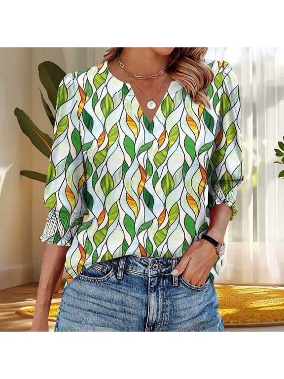 3/4 Sleeve Tops for Women Plus Size Floral V Neck T Shirt Summer Fashion Tunic Shirts Dressy Casual Loose Fit Blouses Mothers Day