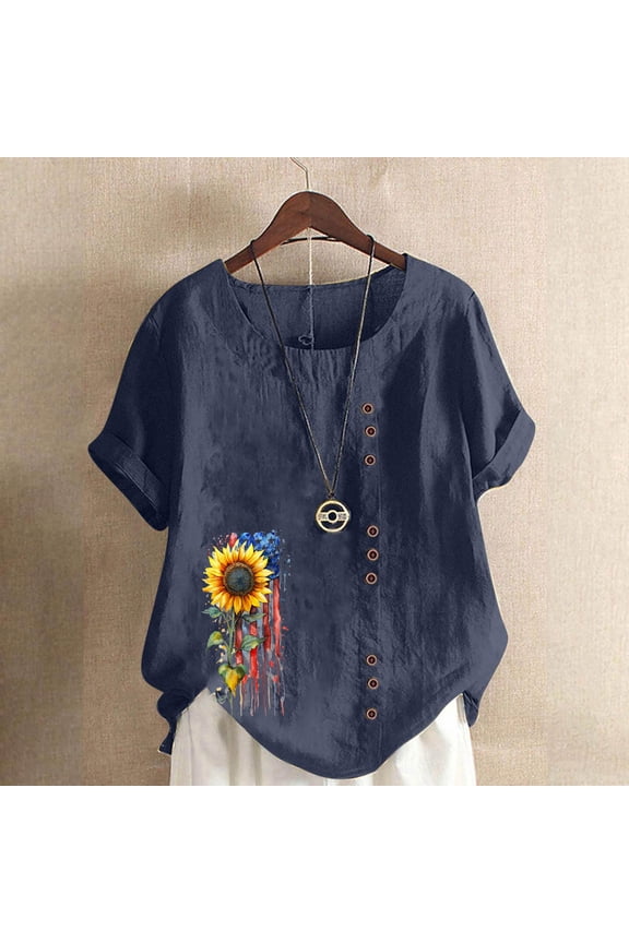 Linen Shirts Women Short Sleeve Crew Neck Tops Floral Summer Fashion Tunic Shirts Loose Fit Casual Blouses Y2K Plus Size Tee Shirts Ropa Mujer