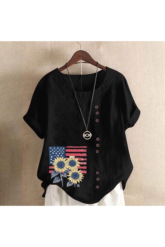 Linen Shirts Women Short Sleeve Crew Neck Tops Floral Summer Fashion Tunic Shirts Loose Fit Casual Blouses Y2K Plus Size Tee Shirts Ropa Mujer