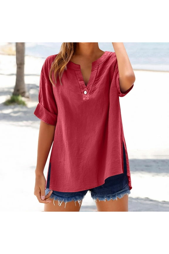 At Linen Shirts for Women Short Plus Size Sleeve V Neck Tops Oversized Split Summer Fashion Tee Shirts Casual Shirts Loose Fit Casual Blouses Ropa Mujer