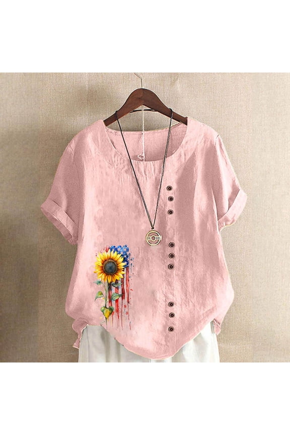 At Linen Shirts Women Short Sleeve Crew Neck Tops Floral Summer Fashion Tunic Shirts Loose Fit Casual Blouses Y2K Plus Size Tee Shirts Ropa Mujer I Have