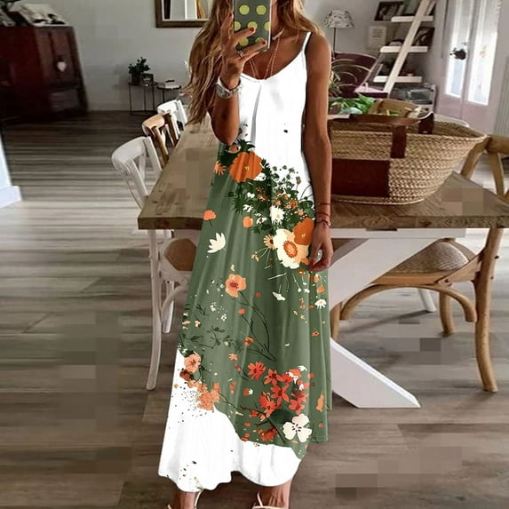 Xdegoge My Orders At Walmart Plus Size Womens Clothes Female Dresses Sleeveless Spaghetti Strap Maxi Dress Floral Boho Summer Dresses Casual Flowy Dresses Beach Vacation Sundress Clearance Under 5.00