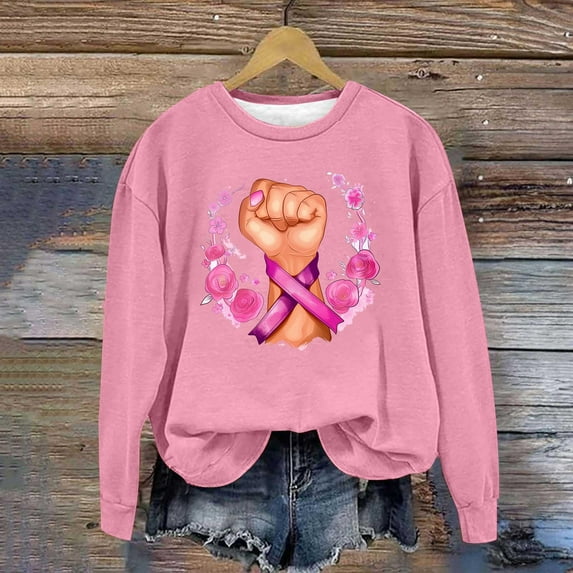 Maqroz Oversized Breast Cancer Awareness Sweatshirt for Women Long Sleeve Round Neck Sweatshirts Zip Up Hoodie Sweatshirts Cropped Casual Hooded Jackets CorpiñOs Para Mujer Pink L