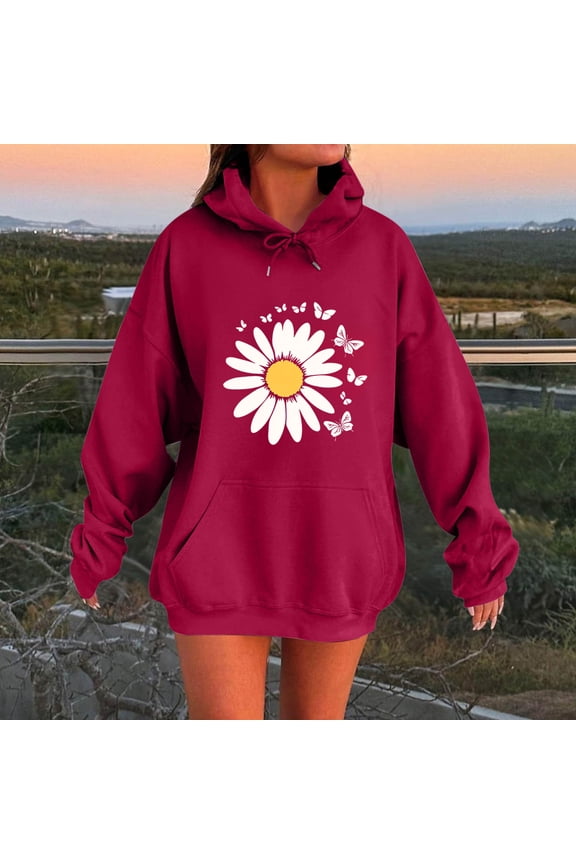 Oversized Graphic Hoodies for Women Pullover Sunflower Print Long Sleeve Sweatshirts with Pocket Cute Y2K Cozy Drawstring Hoodie 2025 Winter Trendy Casual Tops