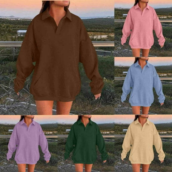 Xdegoge Oversized Sweatshirt for Women V Neck Casual Long Sleeve Pullover Tops Drop Shoulder Loose Solid Color Sweatshirts with Pocket 2025 Fall Winter Trendy Outfits