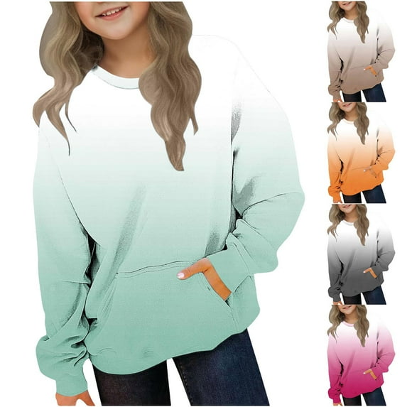 Xdegoge Oversized Sweatshirts for Girls Long Sleeve Gradient Color Crewneck Pullover Tops with Pocket Y2K Casual Cozy Kids Sweatshirt 2-12 Years