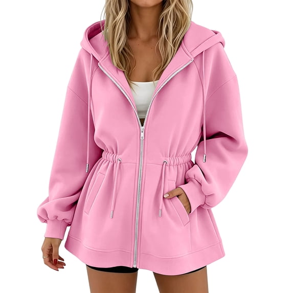 Xdegoge Oversized Zip Up Hoodie Women S Drawstring Cinch Waist Casual Long Sleeve Sweatshirt with Pocket Athletic Fall Winter Activewear Jacket