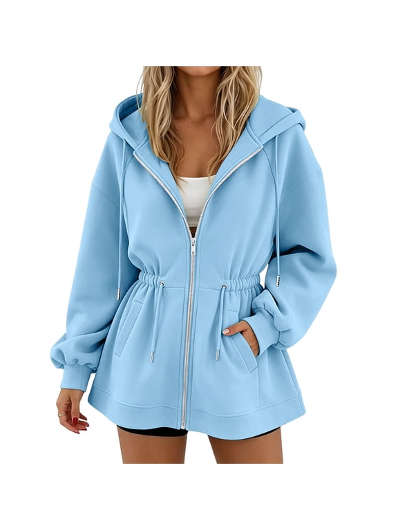 Oversized Zip Up Hoodie Women S Drawstring Cinch Waist Casual Long Sleeve Sweatshirt with Pocket Athletic Fall Winter Activewear Jacket