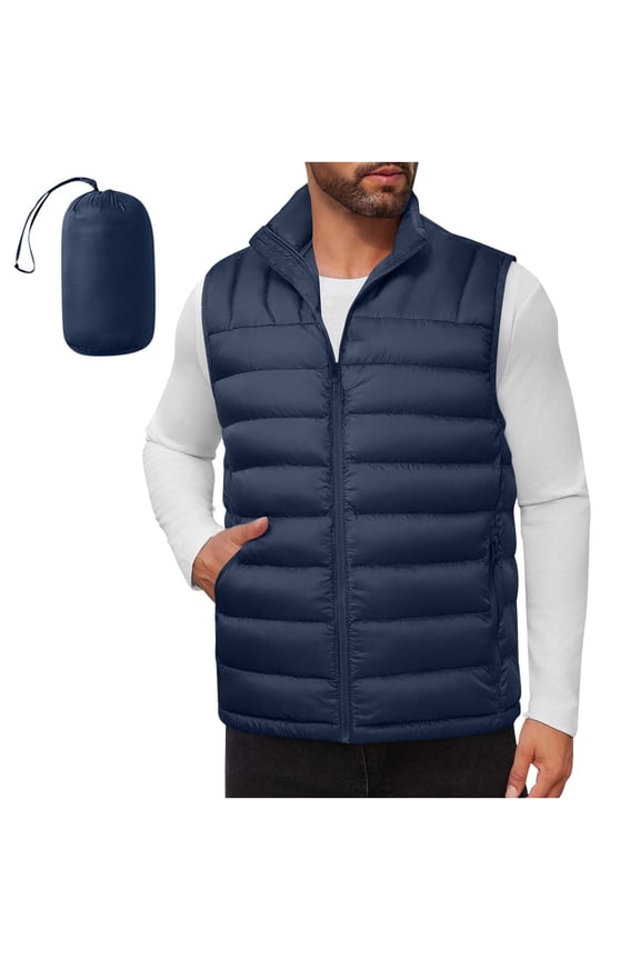 Packable Puffer Vest for Men Lightweight Winter Quilted Down Jackets Sleeveless Zip Up Thermal Jacket Warm Padded Coat with Pockets Outerwear