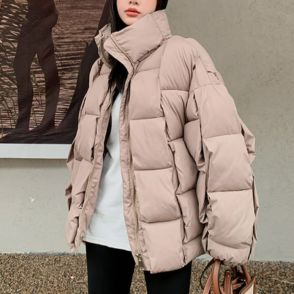 Xdegoge Padded Jackets for Women Full Zip Puffy Stand Collar Weave Puffer Jacket with Pockets Solid Color Baggy Streetwear Quilted Coat Winter Warm Down Coats 2025
