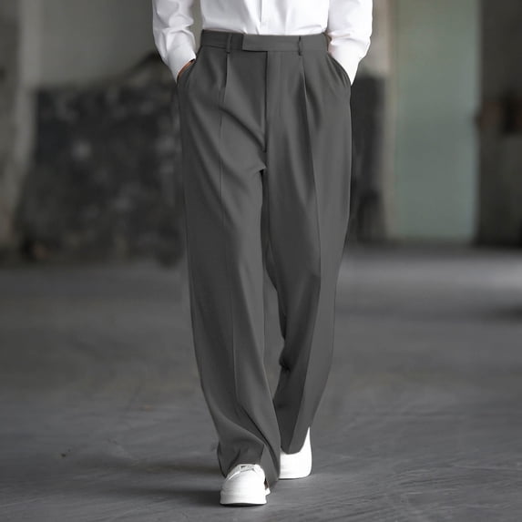 Xdegoge Pants for Men Straight Loose Leg Standard Waistband Dress Trousers Smooth Flowy Slacks Bottoms Pleated Front Side Pockets Business Casual Formalwear