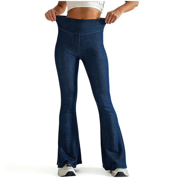 Xdegoge Pants for Women Flare Bootcut High Waisted Tummy Control Jeans Stretchy Denim Feel Bell Bottoms Faux Fly Detail Vintage Casual Streetwear