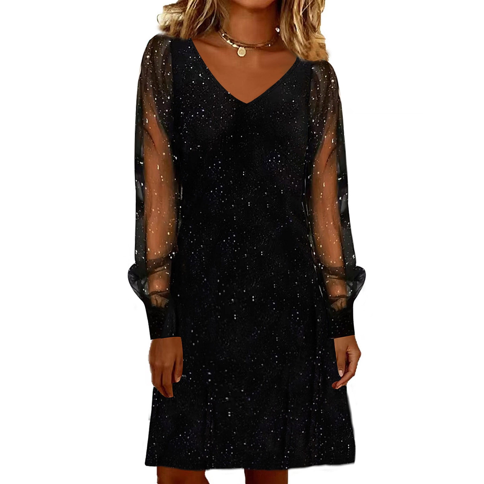 knee length sparkly dresses Xdegoge Party for Women V Neck Long Sleeve Sequin Mesh Glitter Dress A Line Loose Cocktail Evening Wedding Guest Spring Dazzling jewel neck adds