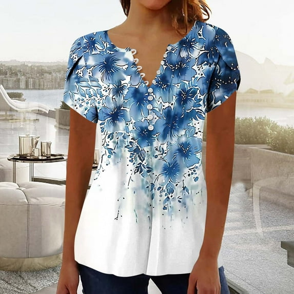 Xdegoge Past Orders At Summer Tops for Women 2025 Dressy Casual V Neck Short Sleeve Shirts Trendy Button Down T Shirt Tunic Cute Blouses Pullover Floral Print Going Out Tops Flash