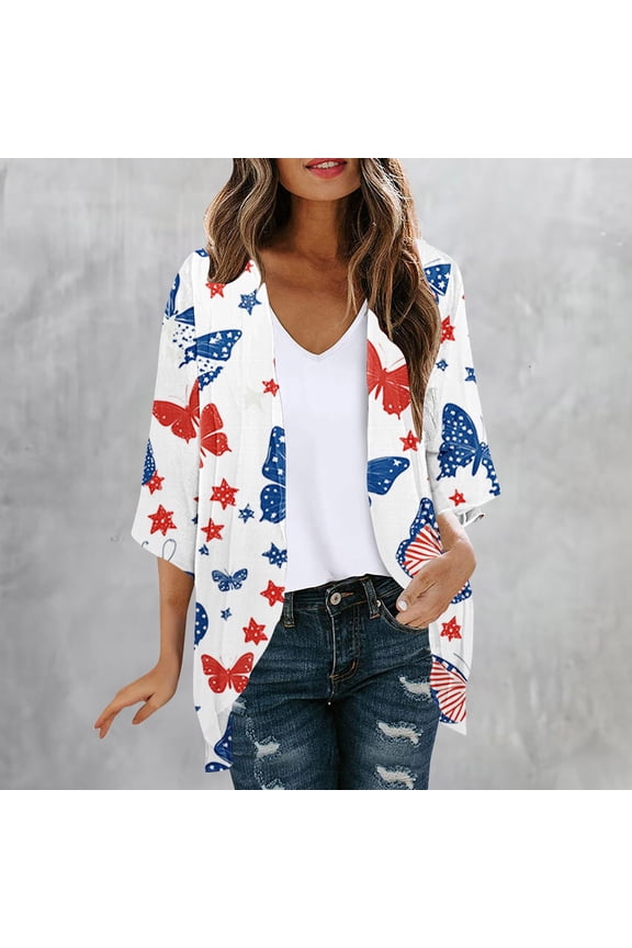 Patriotic 4th of July Kimono Cardigan for Women Red White and Blue Butterfly Graphic Open Front Lightweight Summer Beach Cover Up Independence Day Party Tops