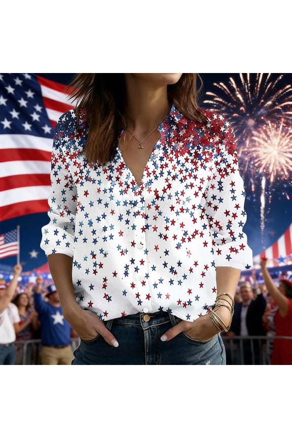 Patriotic American Flag Star Shirt for Women Long Sleeve Button Down V Neck Independence Day Graphic Blouse Casual Summer 4th of July Celebration USA Tops