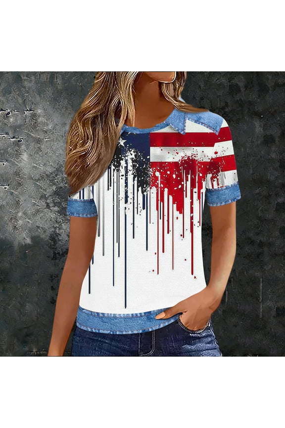 Patriotic Blouse for Women Short Sleeve Collared American Flag Paint Splatter Shirt Fashion 4th of July Holiday Independence Day Graphic Streetwear T Shirt