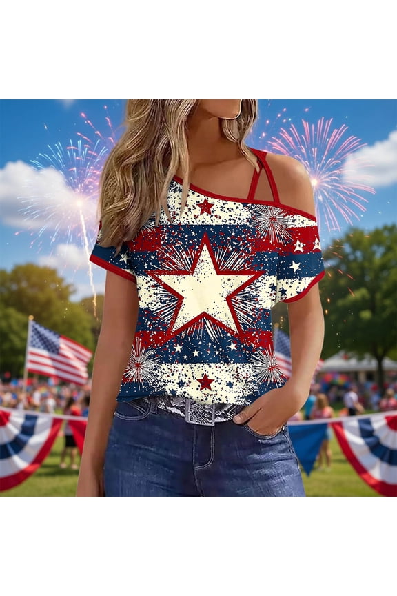 Patriotic Cold Shoulder Halter Neck American Flag Heart Sequin Tassel Rock Tees for Women Red White Blue Independence Day Summer Party Tops