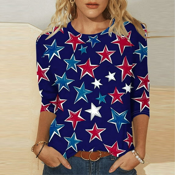 Xdegoge Patriotic Shirts for Women 3/4 Sleeve 4th of July Tops American Flag Shirt Star Graphic Striped Blouse Usa T Shirt Independence Day Women's Summer Tops Xxxl Today Clearance
