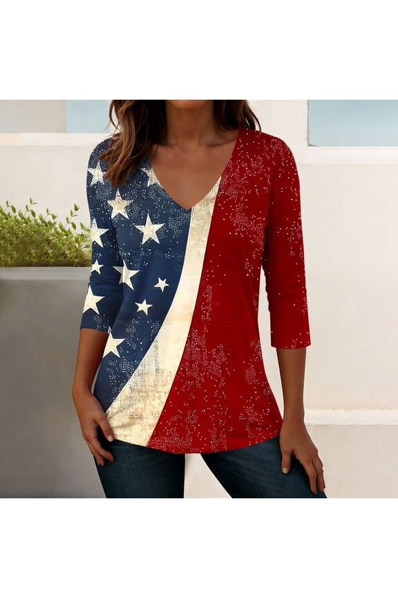 Patriotic Shirts for Women 4th Of July Tops USA American Flag Heart Stars and Stripes V Neck Three Quarter Sleeve Casual Lightweight Summer Independence Day Graphic Tees