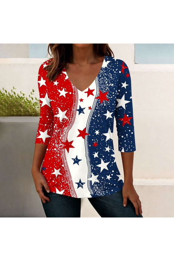 Patriotic Shirts for Women 4th Of July Tops USA American Flag Heart Stars and Stripes V Neck Three Quarter Sleeve Casual Lightweight Summer Independence Day Graphic Tees