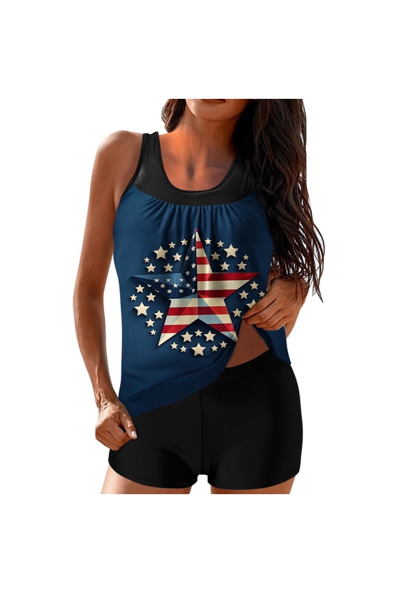 Patriotic Star Tankini for Women 2 Piece American Flag Bathing Suit Tummy Control with Boyshorts 4th of July Summer Modest Built-in Bra Full Coverage Swimwear