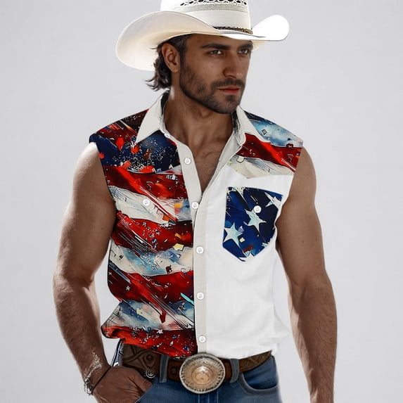 Xdegoge Patriotic USA 4th of July Sleeveless Button Down Shirts for Men Artistic American Flag Graphic Regular Fit Western Style Tops