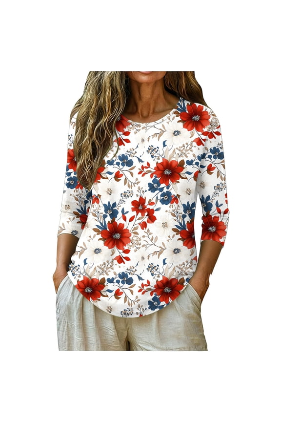 Patriotic USA Blouse for Women 4th of July Red White Blue Floral Flower Print 3/4 Sleeve Crewneck Casual Elegant Tops