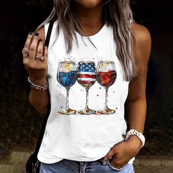 Xdegoge Patriotic Wine Glasses American Flag Graphic Tank Top for Women Sleeveless Crewneck Funny Casual Drinking Shirt Independence Day Summer Party Tees Tops