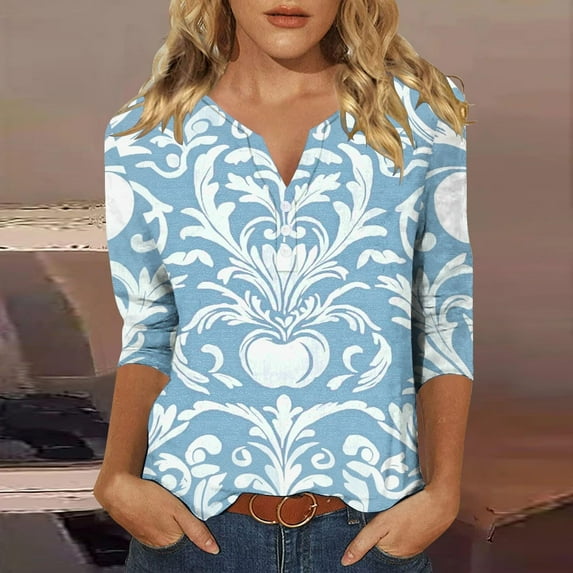 Xdegoge Payment Methods On My Account Ladies Tops 3/4 Sleeve Trendy V Neck T Shirts Summer Floral Tunic Ladies Tops Loose Fit Dressy Casual Blouses Fashion Vacation Tee Shirts Ropa Mujer