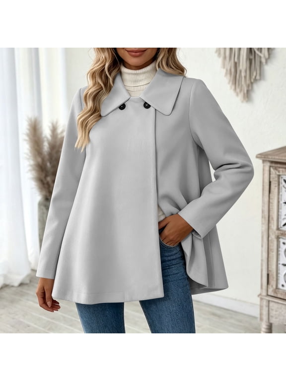 Women's Double Breasted Peacoat Elegant Lapel Collar Swing Trench Coat Mid Length A-Line Winter Fall Outerwear Dressy Cape Jackets Casual Warm Overcoat