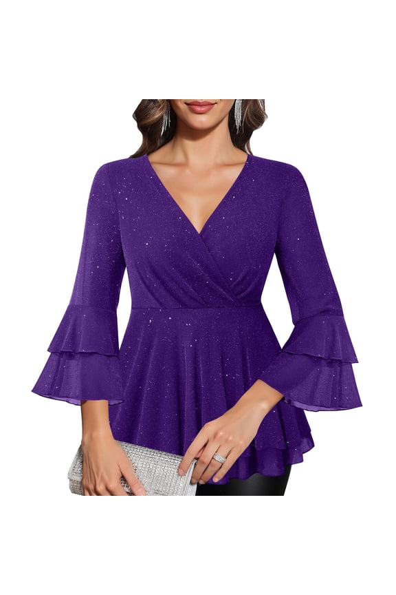 Peplum Blouses for Women Wrap V Neck Three Quarter Ruffle Bell Sleeve Dressy Evening Party Going Out Slim Fit Shiny Glitter Fall Spring Tops