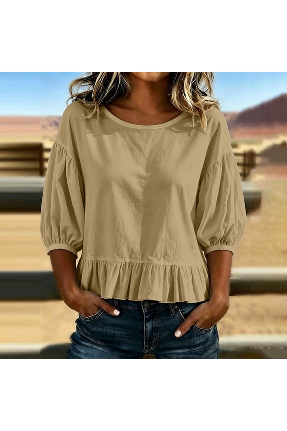 Peplum Tops for Women Boat Neck 3/4 Sleeve Loose Fit Pleated Ruffle Babydoll Tie Back T Shirts Casual Vacation Flowy Travel Cropped Blouses