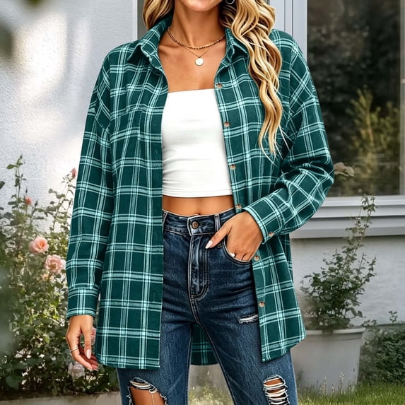 Xdegoge Plaid Button Down Shirts for Women Long Sleeve Shackets Casual Lapel Collar Blouse Fall Winter Fashion Outerwear Lounge Outdoor Jackets