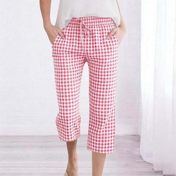 Xdegoge Plaid Capris for Women Cropped Lounge Pants Elastic Waist Drawstring Casual Straight Leg Bottoms with Pockets Lightweight Breathable Summer Wear