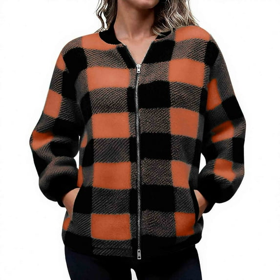 Xdegoge Plaid Flannel Bomber Jackets for Women Zip Up Long Sleeve Sherpa Fleece Jacket with Pocket Casual Vintage Coat Winter Thermal Fashion Coats 2025