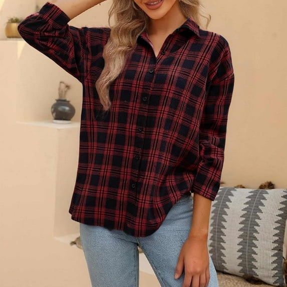 Xdegoge Plaid Flannel Long Sleeve Shirts for Women Casual Button Down Tunic Tops Vintage Loose Fit Comfy Jacket 2025 Fall Winter Trendy Daily Outdoor Jackets