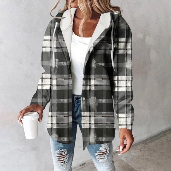 Xdegoge Plaid Shacket Jacket Women Button Down Long Sleeve Sherpa Jackets 2025 Loose Drawstring Hooded Winter Coats Thick Warm Cozy Shirt Outerwear Casaul Vintage Classic Clothes