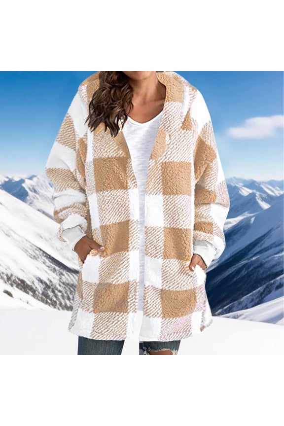Plaid Sherpa Jacket Women Fleece Cozy Hooded Shacket Jackets Oversized Fuzzy Soft Long Sleeve Fall Coats Open Front Cardigan Sweater 2025 Winter Thermal Vintage Shirt Outerwear with Pockets