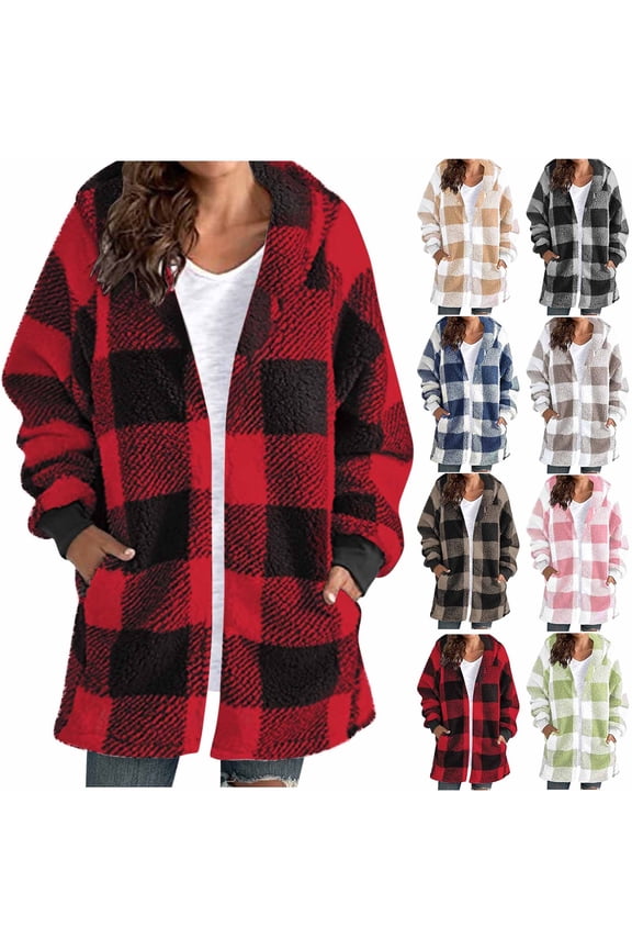 Plaid Sherpa Jacket Women Fleece Cozy Hooded Shacket Jackets Oversized Fuzzy Soft Long Sleeve Fall Coats Open Front Cardigan Sweater 2025 Winter Thermal Vintage Shirt Outerwear with Pockets