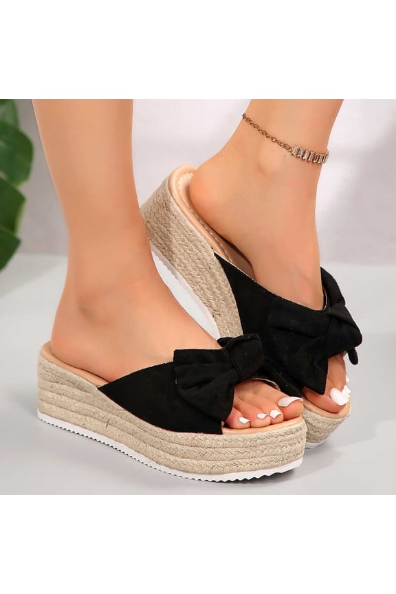 Platform Sandals for Women Summer Casual Espadrille Wedge Slides Slip On Open Toe Big Bow Decor Braided Jute Sole Dressy Vacation Beach Shoes