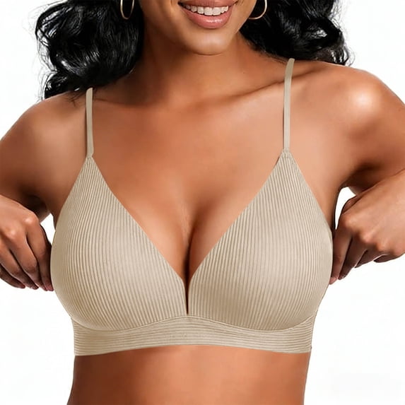 Xdegoge Plunge Push Up Bra for Women Wireless Ribbed Comfort Bralette with Transparent Adjustable Straps Deep V Neck Lifting Bra Flattering Everyday Support Underwear